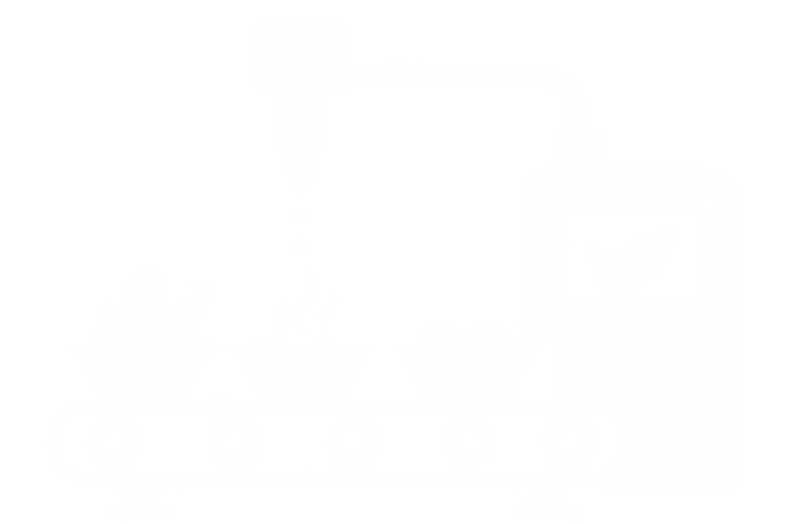 Illustration of an automated assembly conveyor system with a robotic arm and control panel