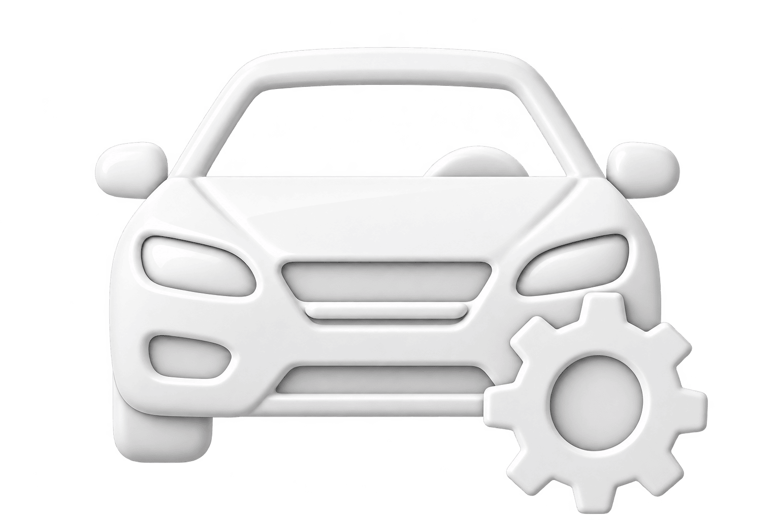 White car front with a gray gear symbol representing automotive assembly line conveyor manufacturing.