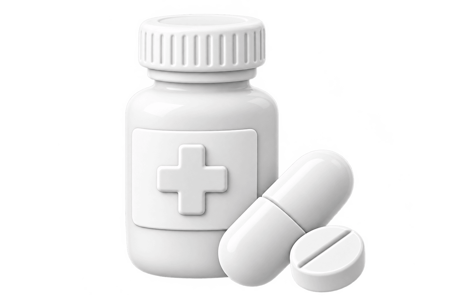 White medicine bottle with capsules and a scored tablet