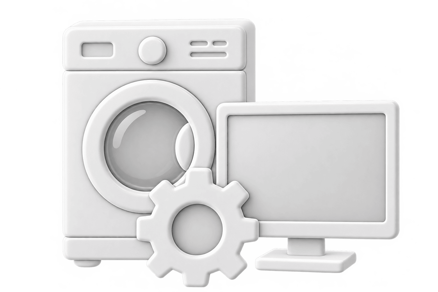 Illustration of a washing machine, monitor, and gear representing automated assembly line equipment