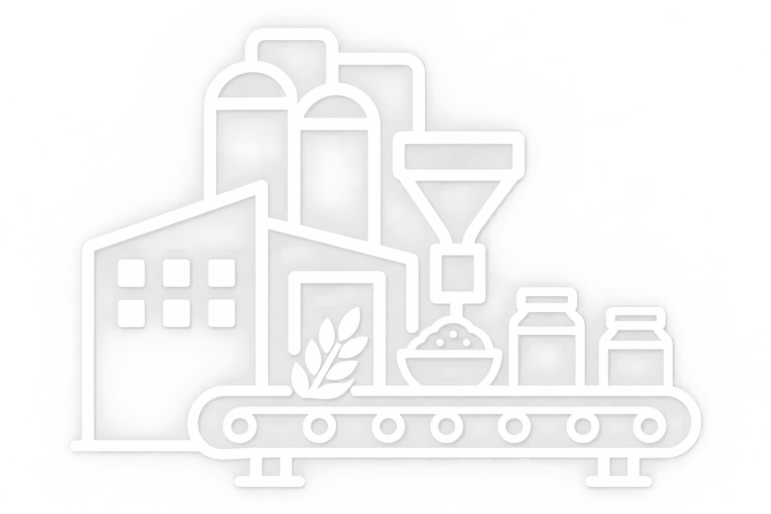 Illustration of an industrial production line with a conveyor belt, machinery, containers, and packaged materials