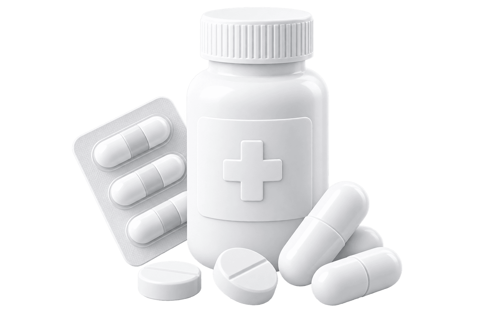White medicine bottle and capsules on a transparent background