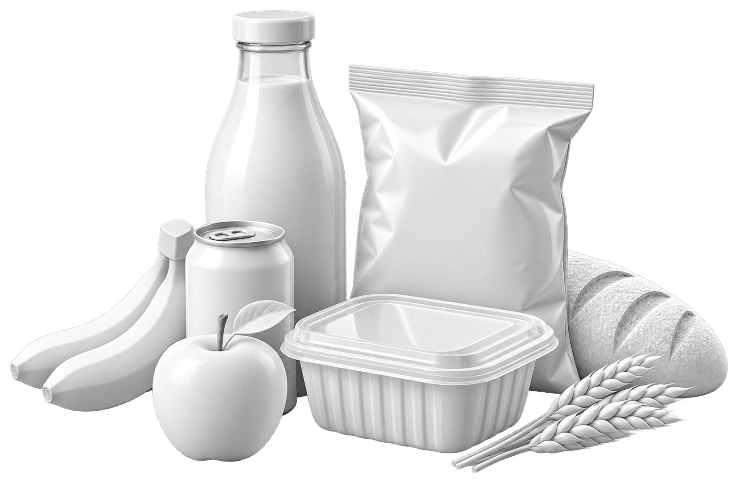 White packaged food products arranged beside a spiral conveyor system illustration