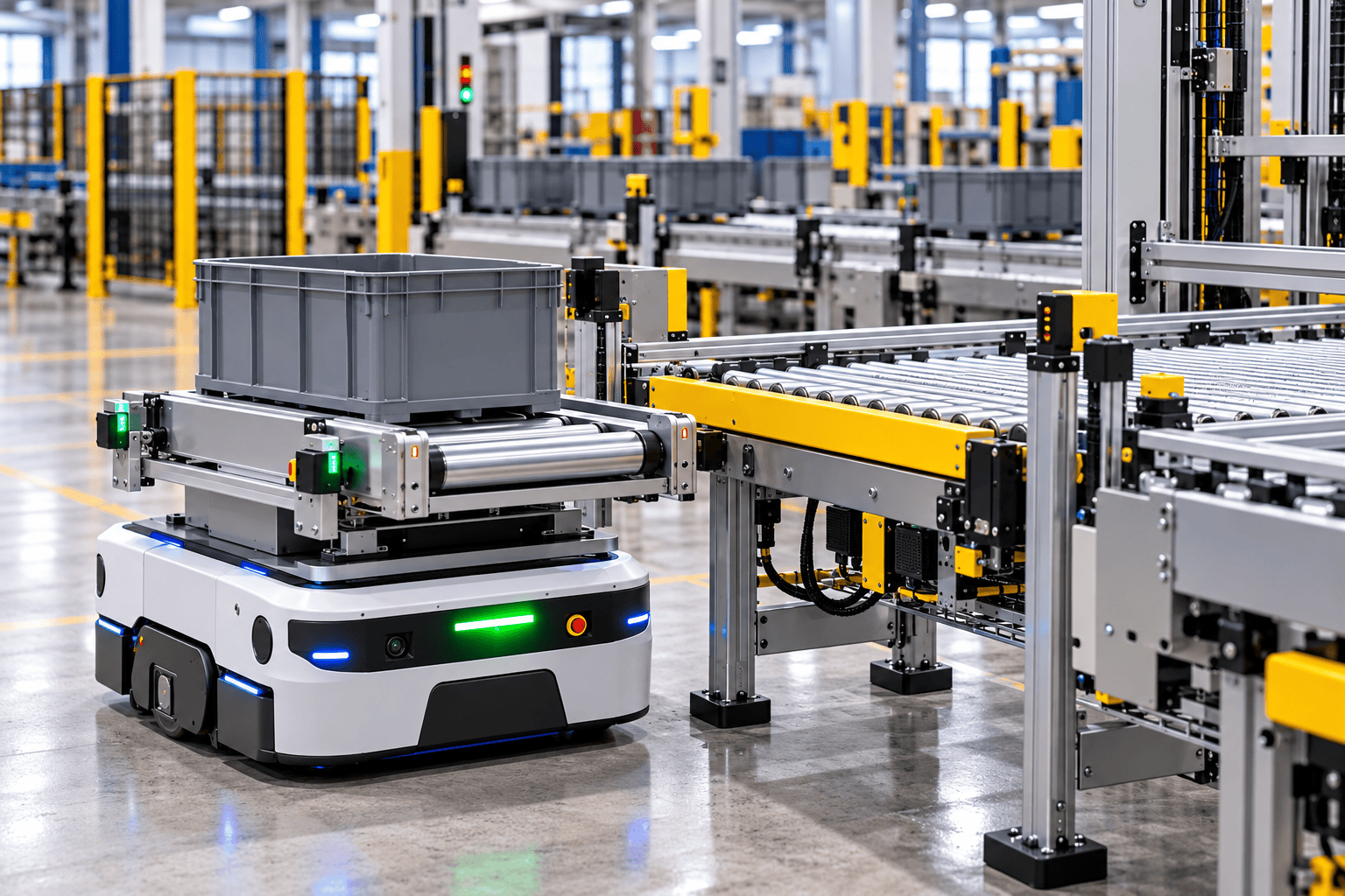 Autonomous robot connected to a conveyor system